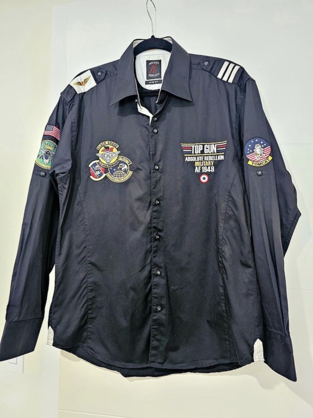 Absolute Rebellion Top Gun Black Men's Black Cotton Shirt L SLIM FIT NWOT